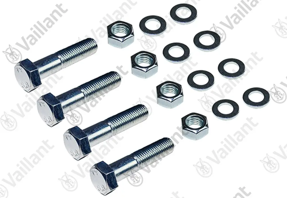 Schrauben, Unterlegscheiben und Muttern aus Metall von Vaillant, angeordnet auf hellem Hintergrund, für die Montage von Hydraulikmodulen.